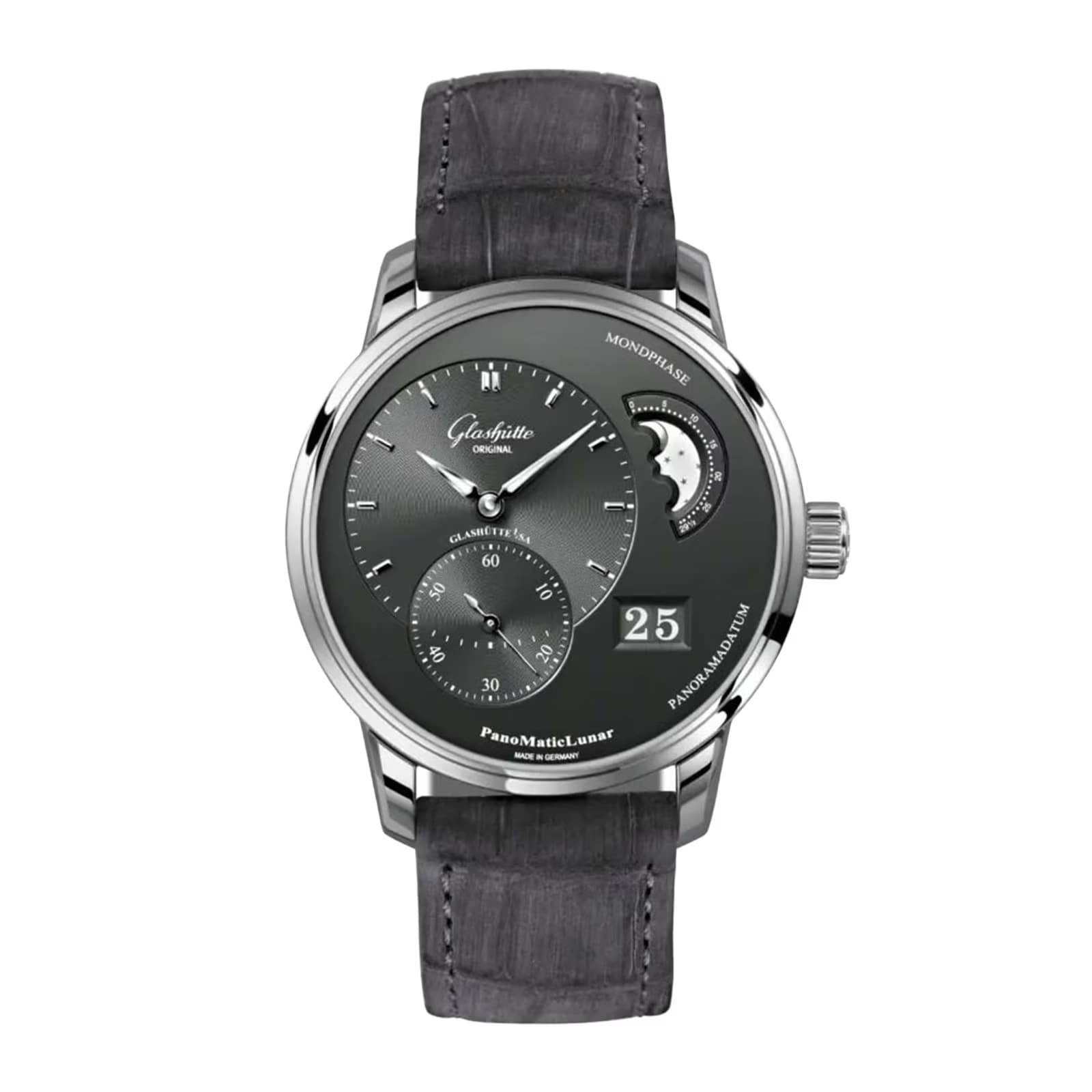 Glashutte Original PanoMaticLunar 40mm Mens Watch Grey Alligator Strap Glashutte Original PanoMaticLunar 40mm Mens Watch Grey Alligator Strap