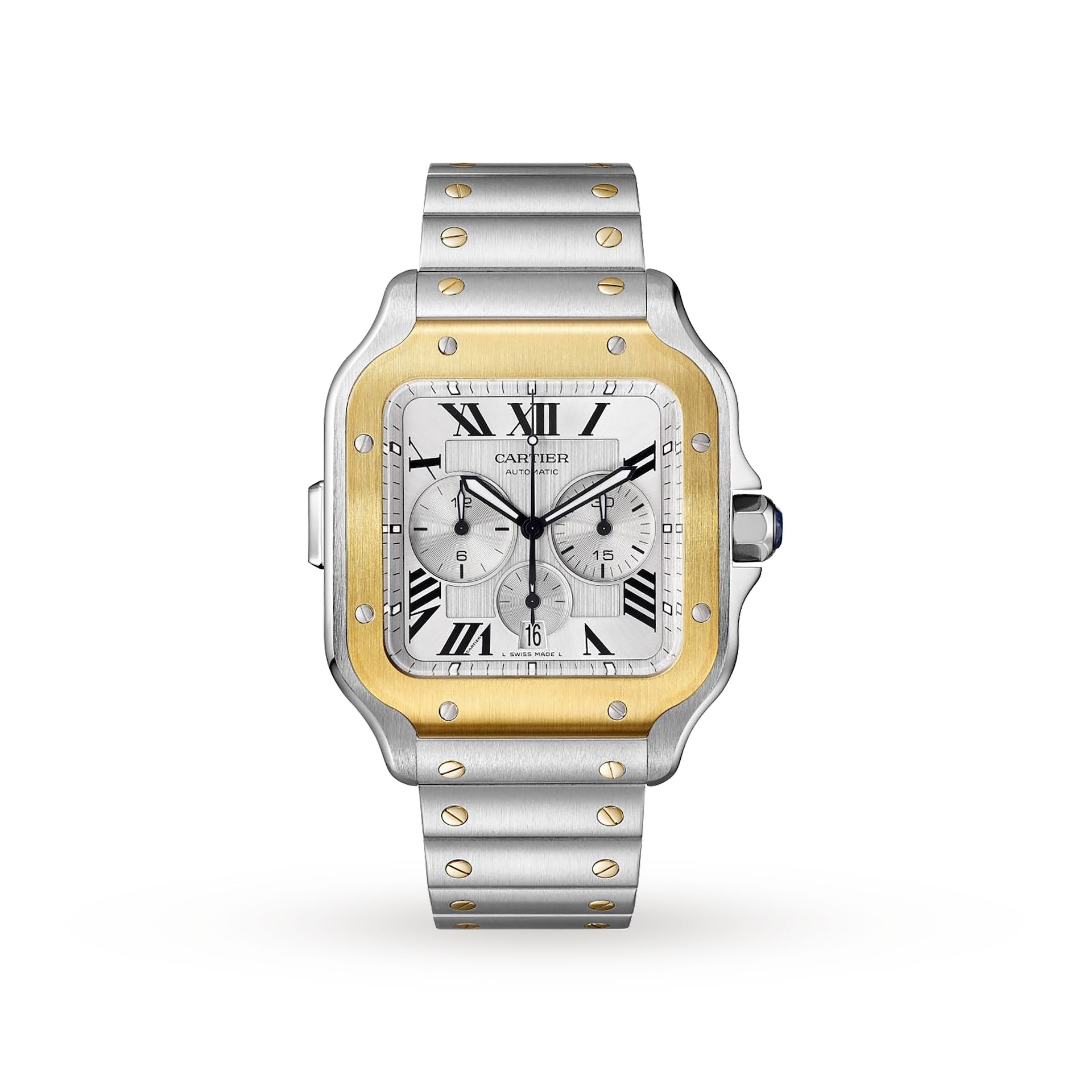 Cartier Santos De Cartier Chronograph Watch Extra-Large Model, Automatic Movement, Yellow Gold, Steel, Interchangeable Metal And Rubber Bracelets