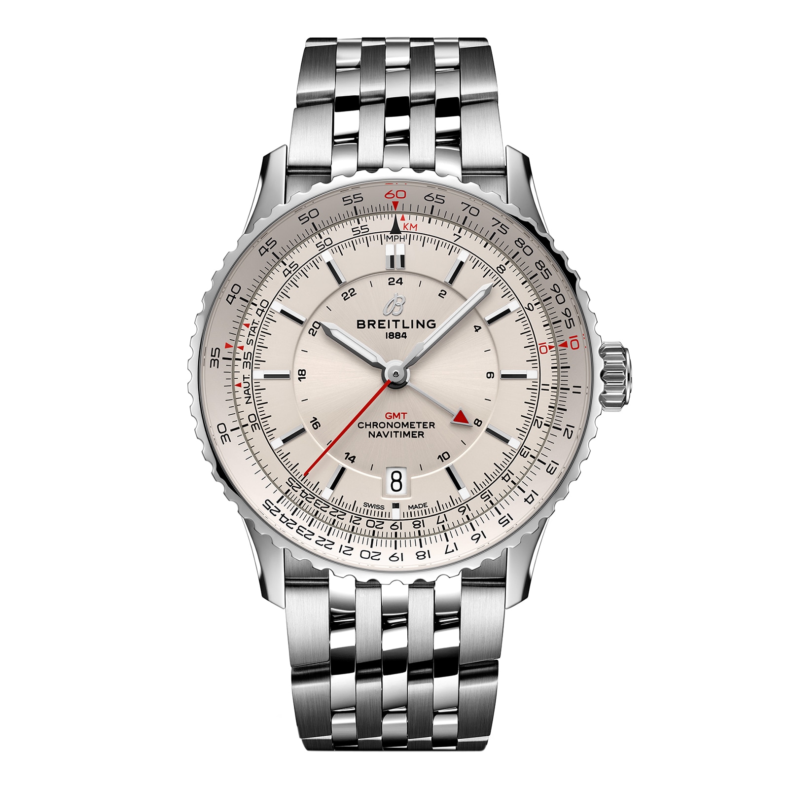 Breitling Navitimer Automatic GMT 41mm Mens Watch Silver Stainless Steel Breitling Navitimer Automatic GMT 41mm Mens Watch Silver Stainless Steel